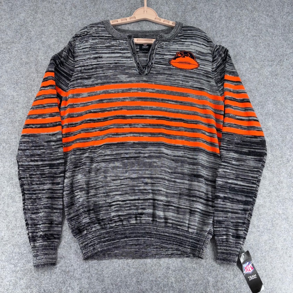 NFL Team Apparel Chicago Bears Mens Henley Sweater Grey Orange Space Dye Large